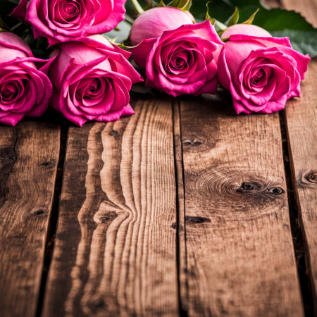 Beautiful Hot Pink roses on wooden backgroundの素材