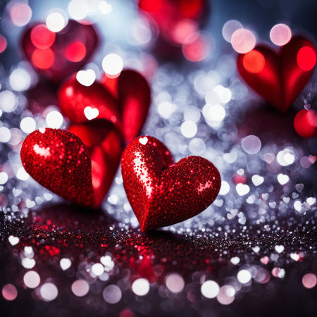 Red Hearts On Shiny Glitter Backgroundの素材