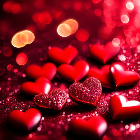 Red Hearts On Shiny Glitter Backgroundの素材