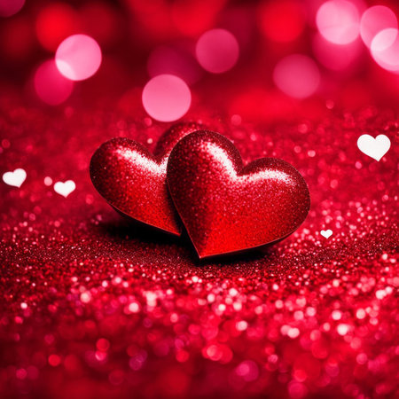Red Hearts On Shiny Glitter Backgroundの素材