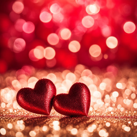 Red Hearts On Shiny Glitter Backgroundの素材