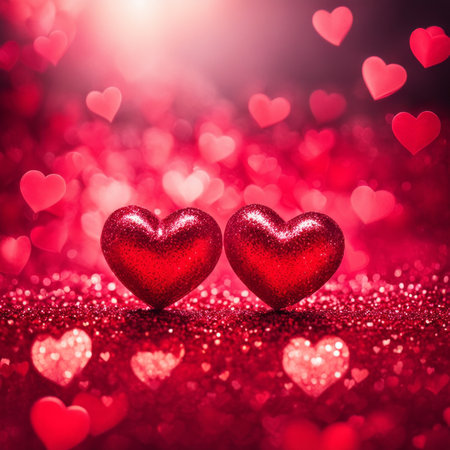 Red Hearts On Shiny Glitter Backgroundの素材