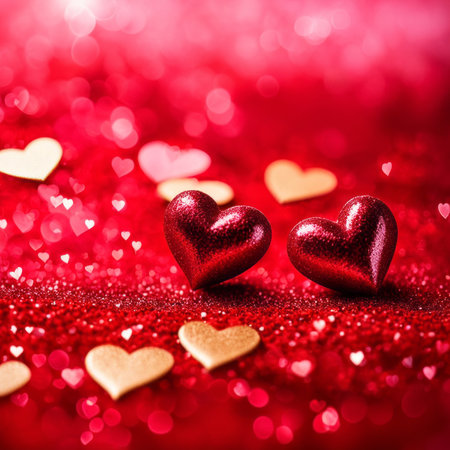 Red Hearts On Shiny Glitter Backgroundの素材