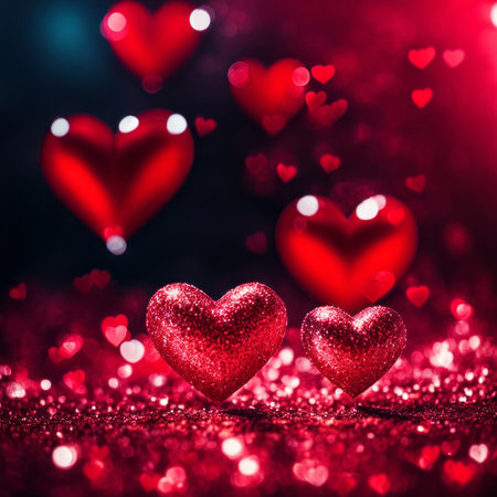 Red Hearts On Shiny Glitter Backgroundの素材