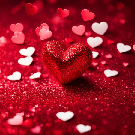 Red Hearts On Shiny Glitter Backgroundの素材