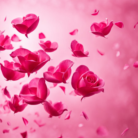Flying pink rose petals against a pink backgroundの素材