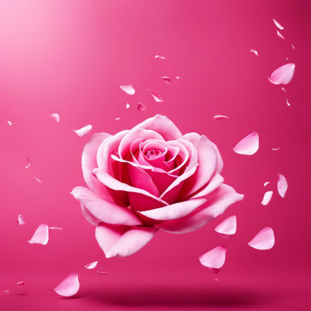 Flying pink rose petals against a pink backgroundの素材