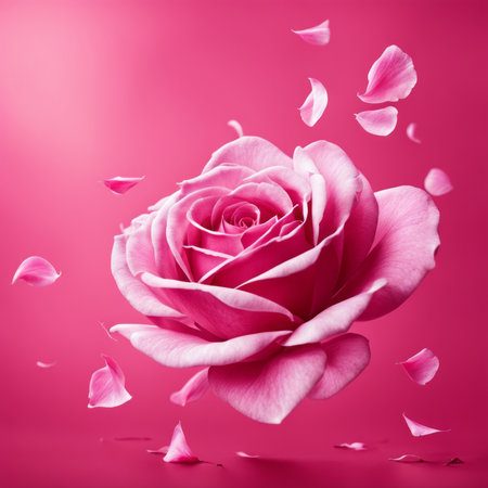 Flying pink rose petals against a pink backgroundの素材