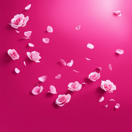 Flying pink rose petals against a pink backgroundの素材