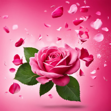 Flying pink rose petals against a pink backgroundの素材