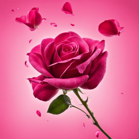 Flying pink rose petals against a pink backgroundの素材