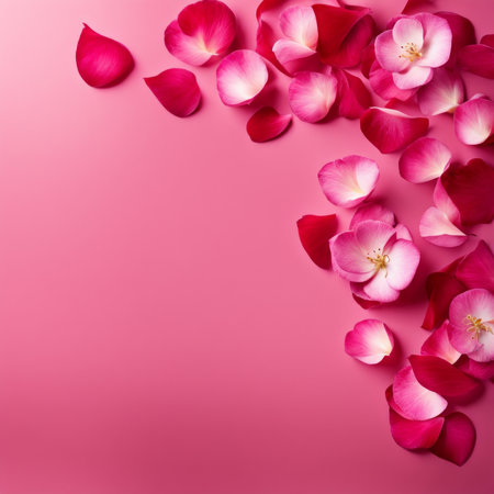 Flying pink rose petals against a pink backgroundの素材