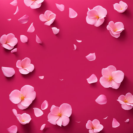 Flying pink rose petals against a pink backgroundの素材