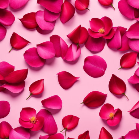 Flying pink rose petals against a pink backgroundの素材