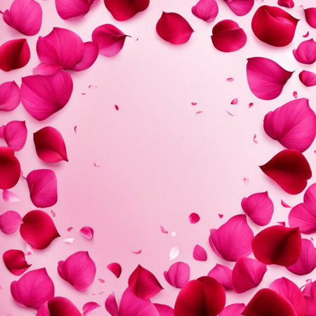 Flying pink rose petals against a pink backgroundの素材