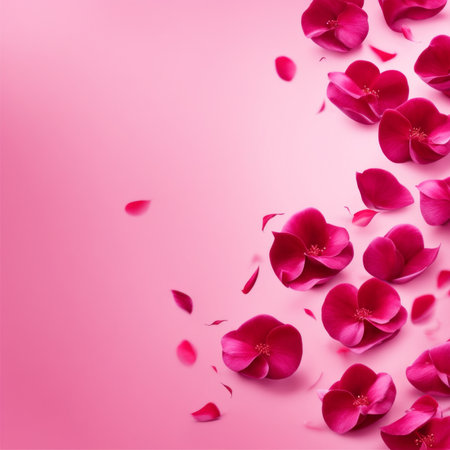 Flying pink rose petals against a pink backgroundの素材