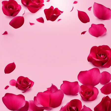 Flying pink rose petals against a pink backgroundの素材