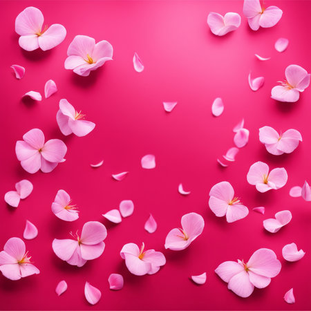 Flying pink rose petals against a pink backgroundの素材