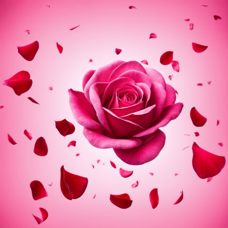 Flying pink rose petals against a pink backgroundの素材