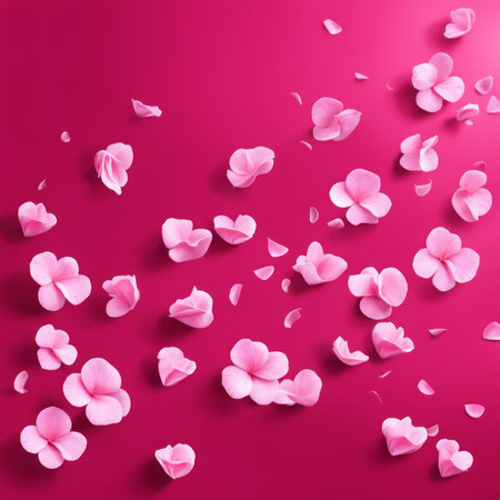 Flying pink rose petals against a pink backgroundの素材
