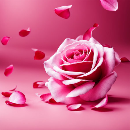 Flying pink rose petals against a pink backgroundの素材