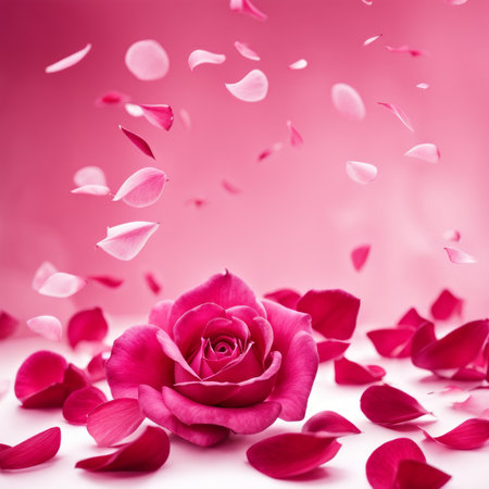 Flying pink rose petals against a pink backgroundの素材