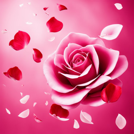 Flying pink rose petals against a pink backgroundの素材