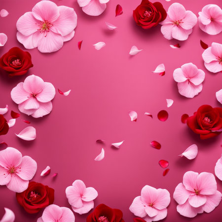 Flying pink rose petals against a pink backgroundの素材