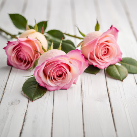 Flowers of pink roses on white wood background. Happy Valentine's Day with this romantic greeting card.の素材
