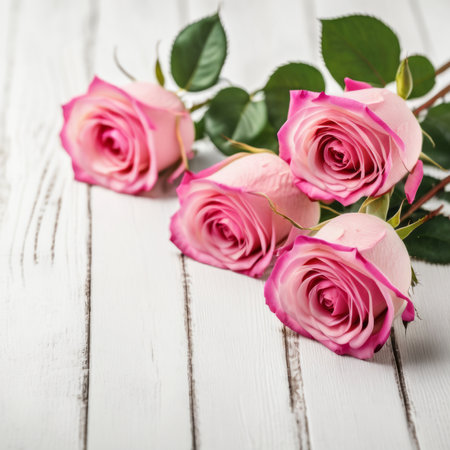 Flowers of pink roses on white wood background. Happy Valentine's Day with this romantic greeting card.の素材