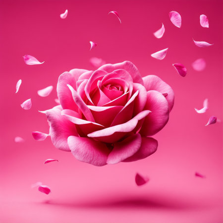 Flying pink rose petals against a pink backgroundの素材