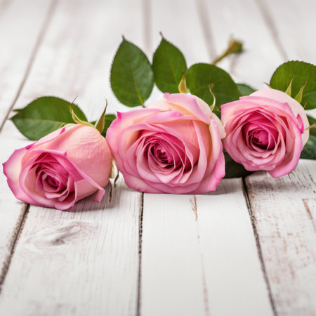 Flowers of pink roses on white wood background. Happy Valentine's Day with this romantic greeting card.の素材