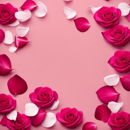 Flying pink rose petals against a pink backgroundの素材
