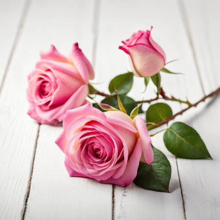 Flowers of pink roses on white wood background. Happy Valentine's Day with this romantic greeting card.の素材