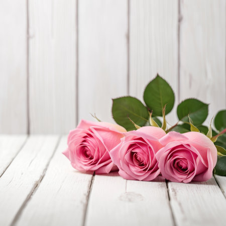Flowers of pink roses on white wood background. Happy Valentine's Day with this romantic greeting card.の素材