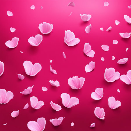 Flying pink rose petals against a pink backgroundの素材