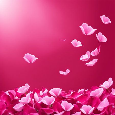 Flying pink rose petals against a pink backgroundの素材