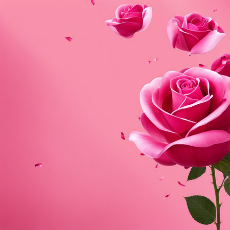 Flying pink rose petals against a pink backgroundの素材