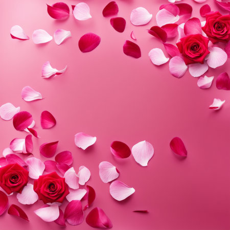 Flying pink rose petals against a pink backgroundの素材