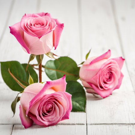 Flowers of pink roses on white wood background. Happy Valentine's Day with this romantic greeting card.の素材