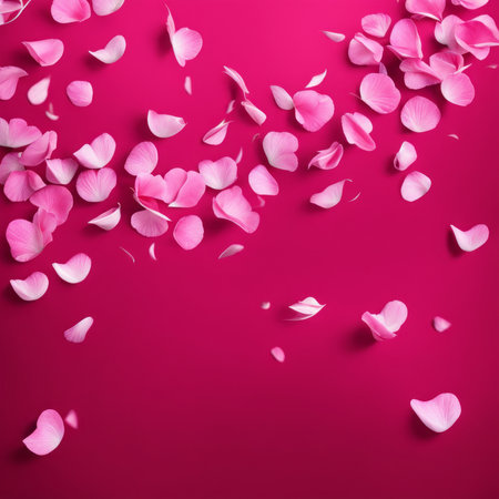 Flying pink rose petals against a pink backgroundの素材