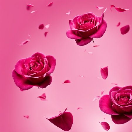 Flying pink rose petals against a pink backgroundの素材