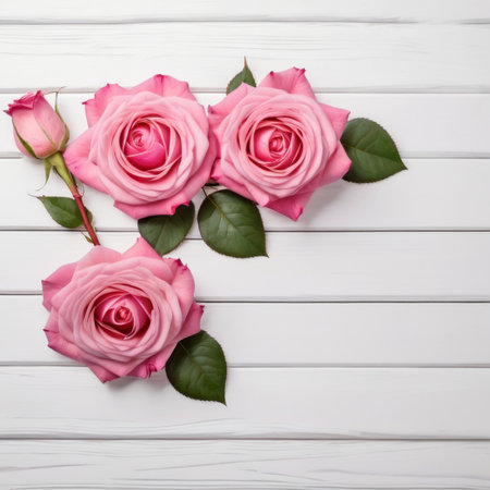 Flowers of pink roses on white wood background. Happy Valentine's Day with this romantic greeting card.の素材