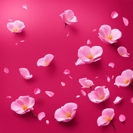 Flying pink rose petals against a pink backgroundの素材