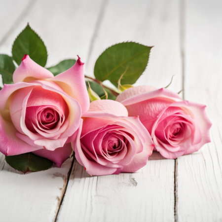 Flowers of pink roses on white wood background. Happy Valentine's Day with this romantic greeting card.の素材