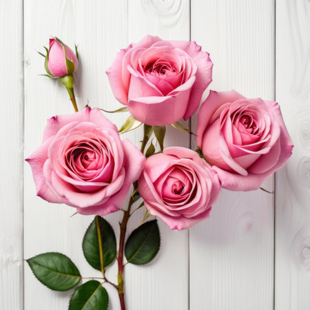 Flowers of pink roses on white wood background. Happy Valentine's Day with this romantic greeting card.の素材