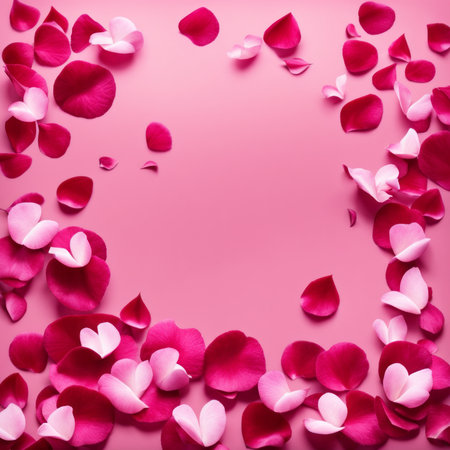 Flying pink rose petals against a pink backgroundの素材
