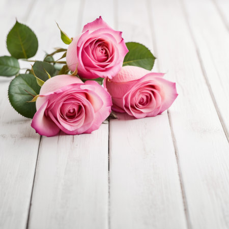 Flowers of pink roses on white wood background. Happy Valentine's Day with this romantic greeting card.の素材