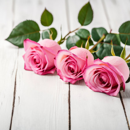 Flowers of pink roses on white wood background. Happy Valentine's Day with this romantic greeting card.の素材