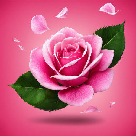 Flying pink rose petals against a pink backgroundの素材